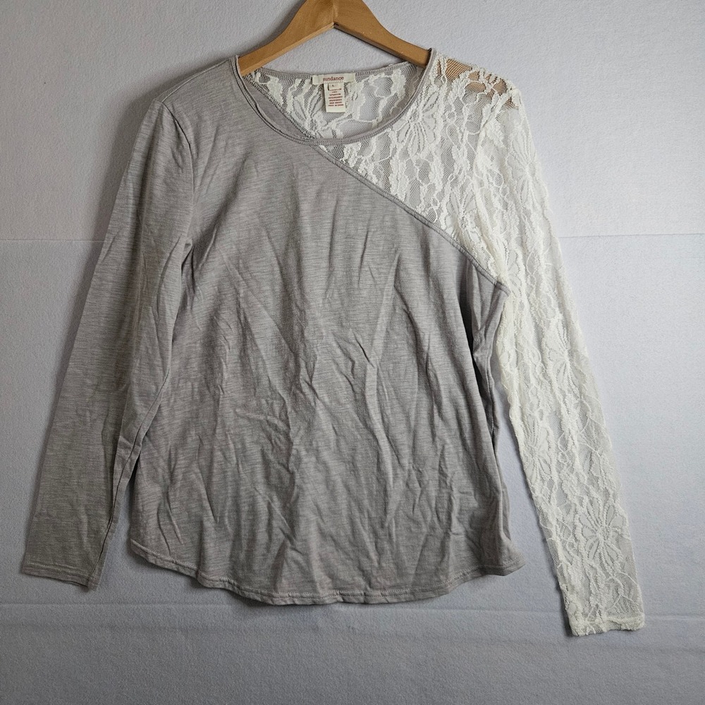 Sundance Grey Cotton Long Sleeve Top Cream Floral Lace Asymmetrical Panel Large